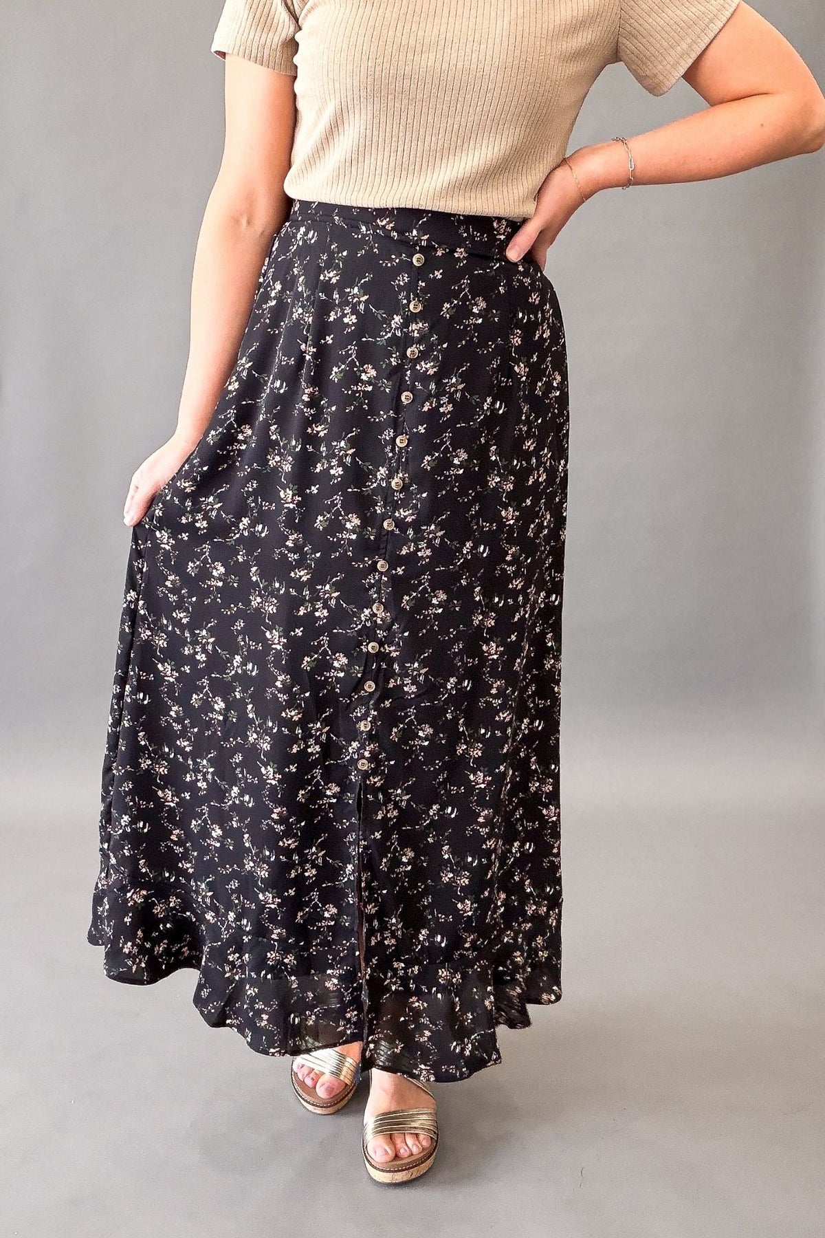 Lightweight floral maxi skirt styled with neutral ribbed top