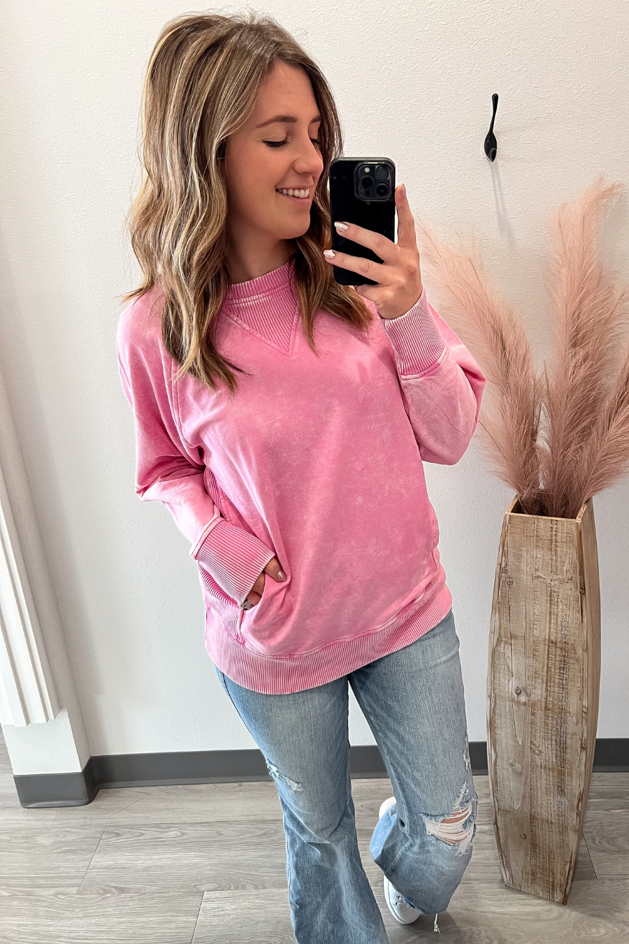 French Terry Pullover With Pockets- Pink