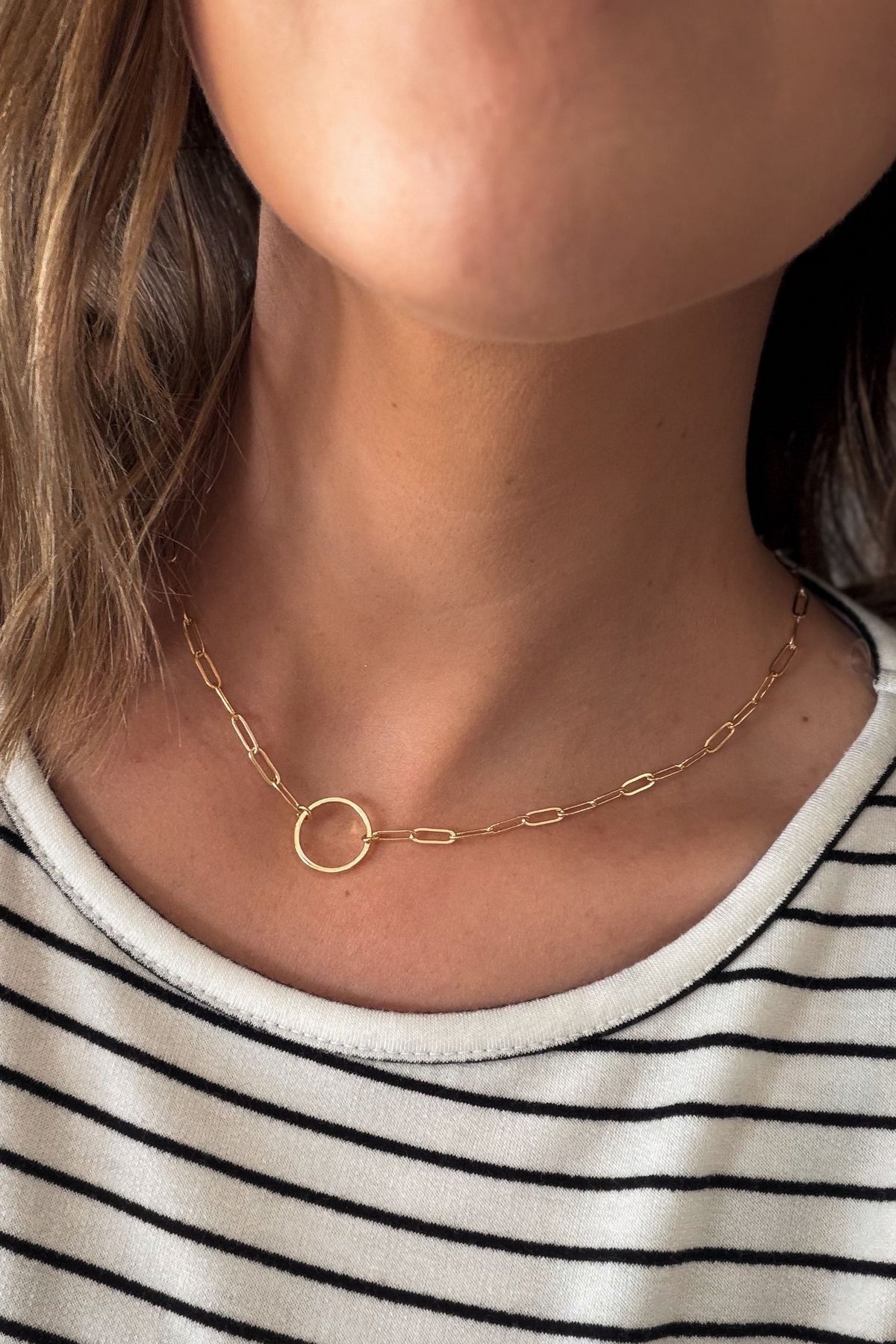 Gold paperclip chain necklace with circle charm, 18K gold plated stainless steel, minimalist layering necklace for women