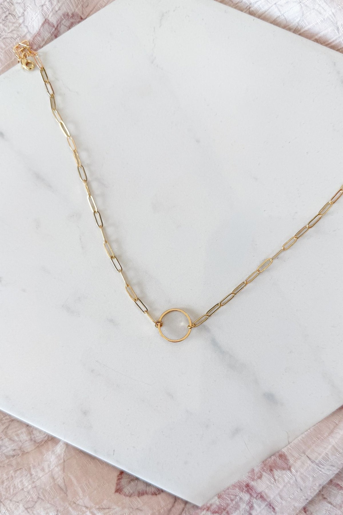 Gold paperclip chain necklace with circle charm, 18K gold plated stainless steel, minimalist layering necklace for women