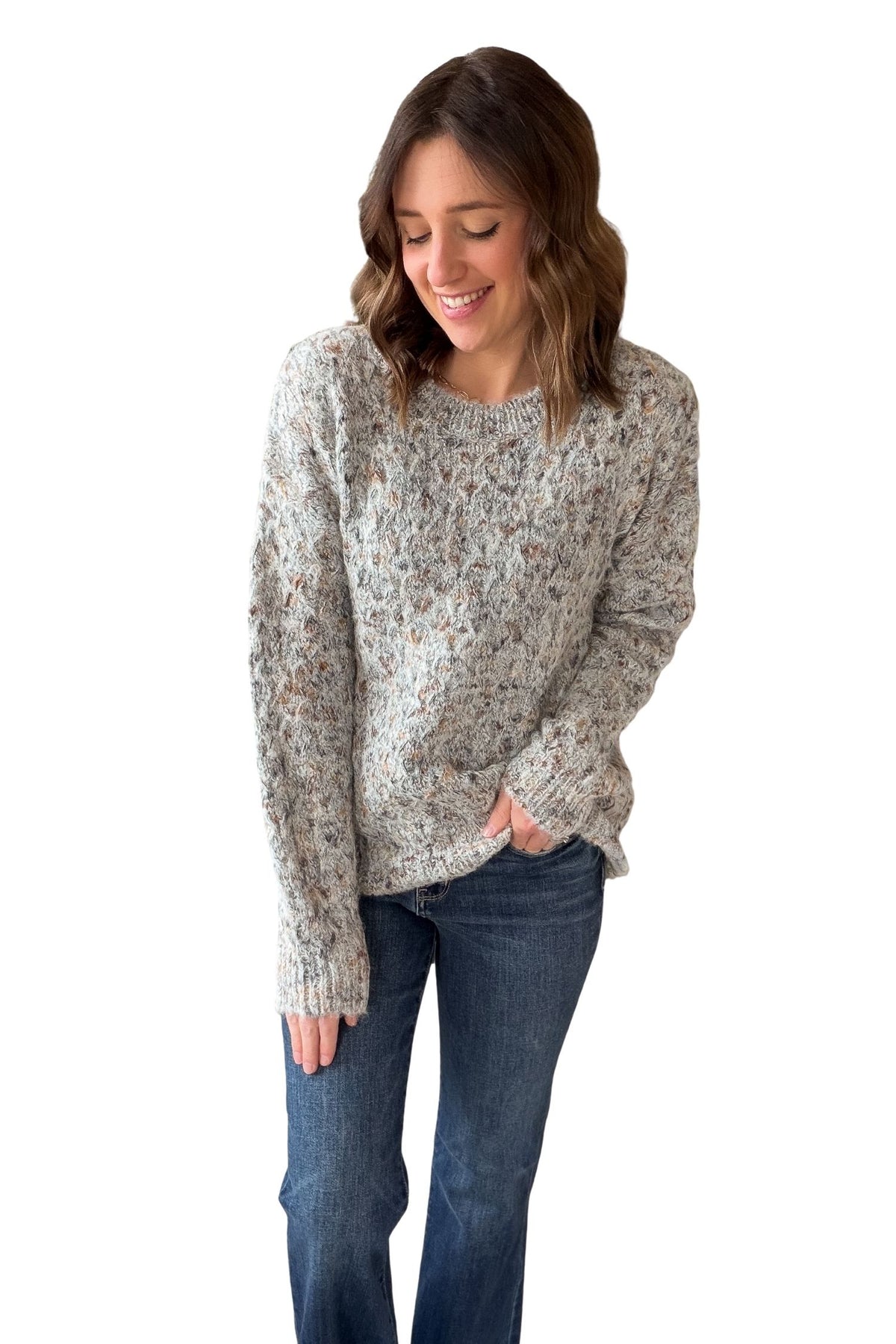 Grey Textured Weave Crew Neck Sweater