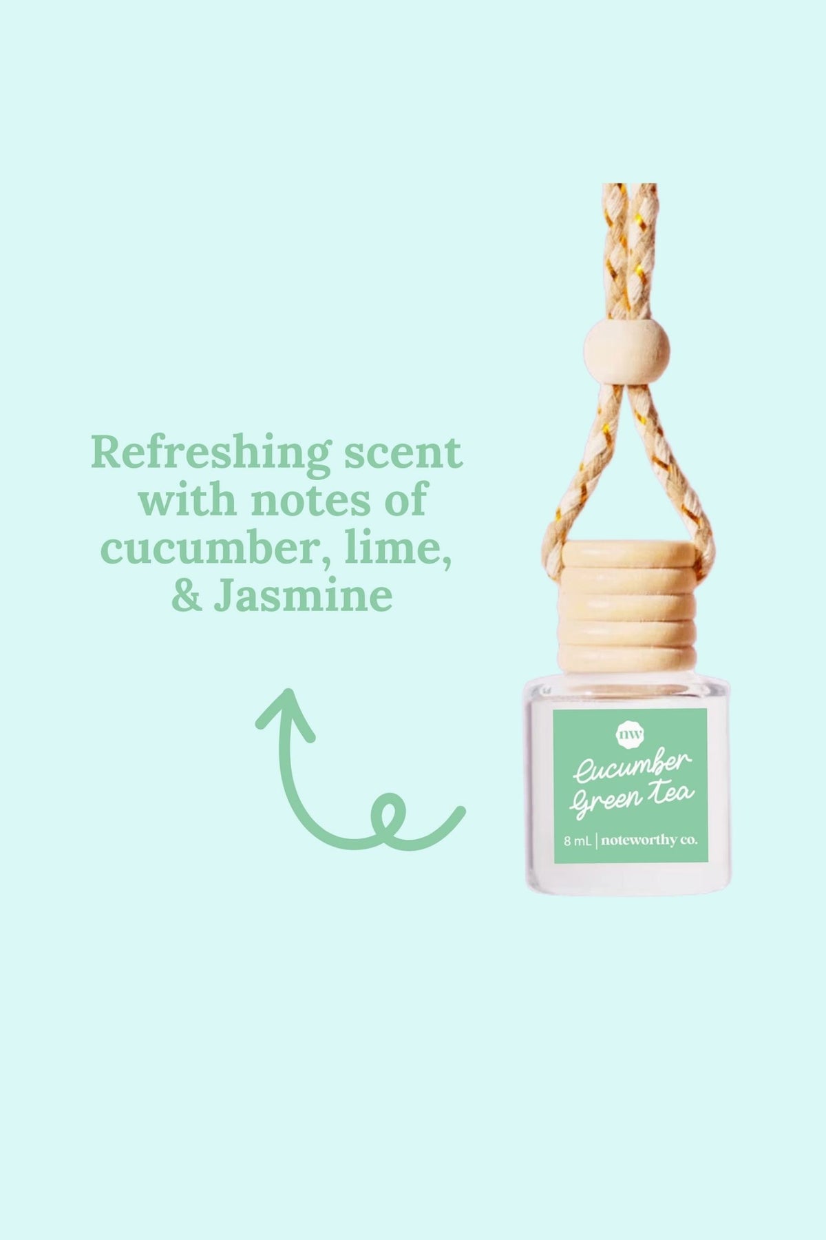hanging car diffuser bottle with text on a light green background
