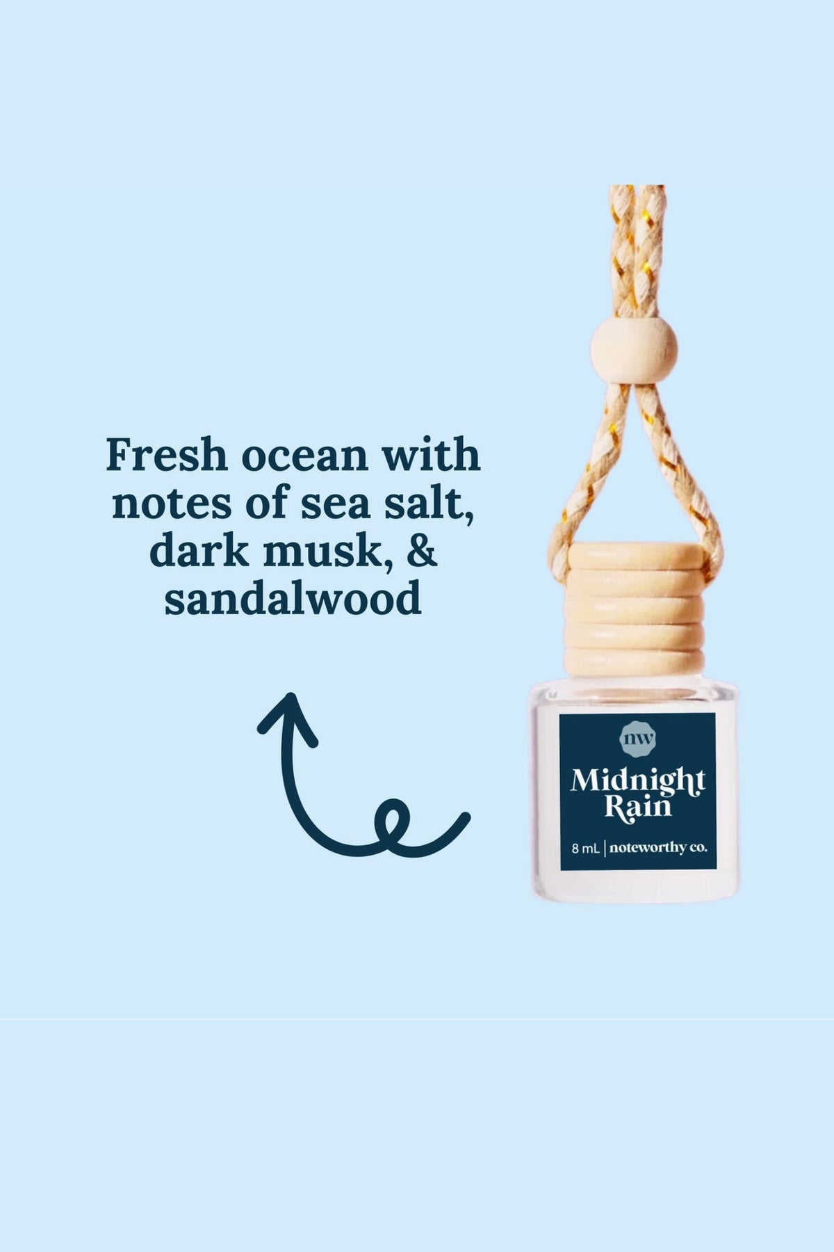 Perfume bottle labeled 'Midnight Rain' with description of fragrance notes on a light blue background