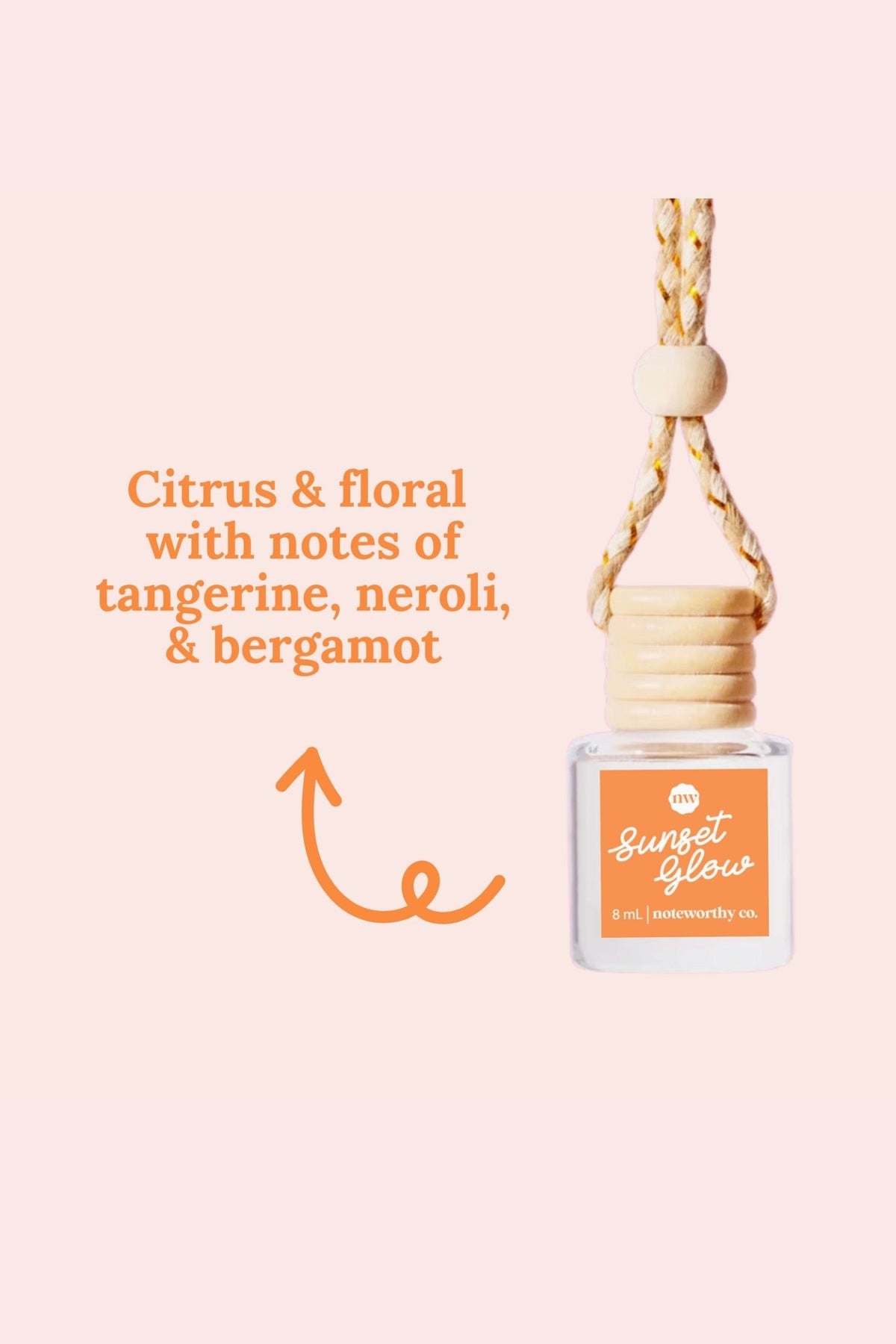 Car diffuser bottle labeled 'Sunset Glow' with description of notes on a beige background