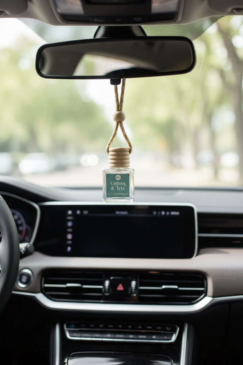 Car interior with a hanging air freshener on the rearview mirror