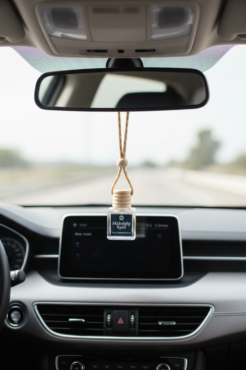 Car air freshener hanging from the rearview mirror inside a vehicle.