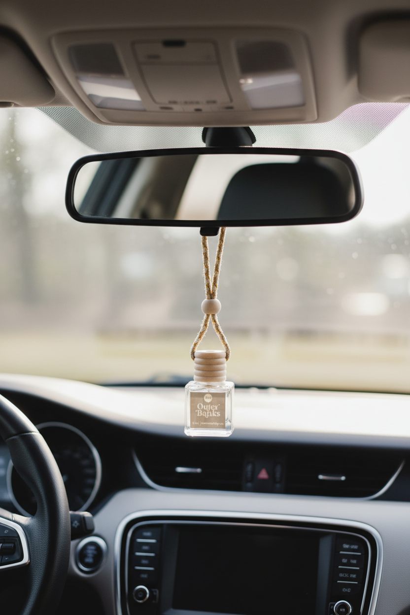 Car air freshener hanging from the rearview mirror inside a vehicle.
