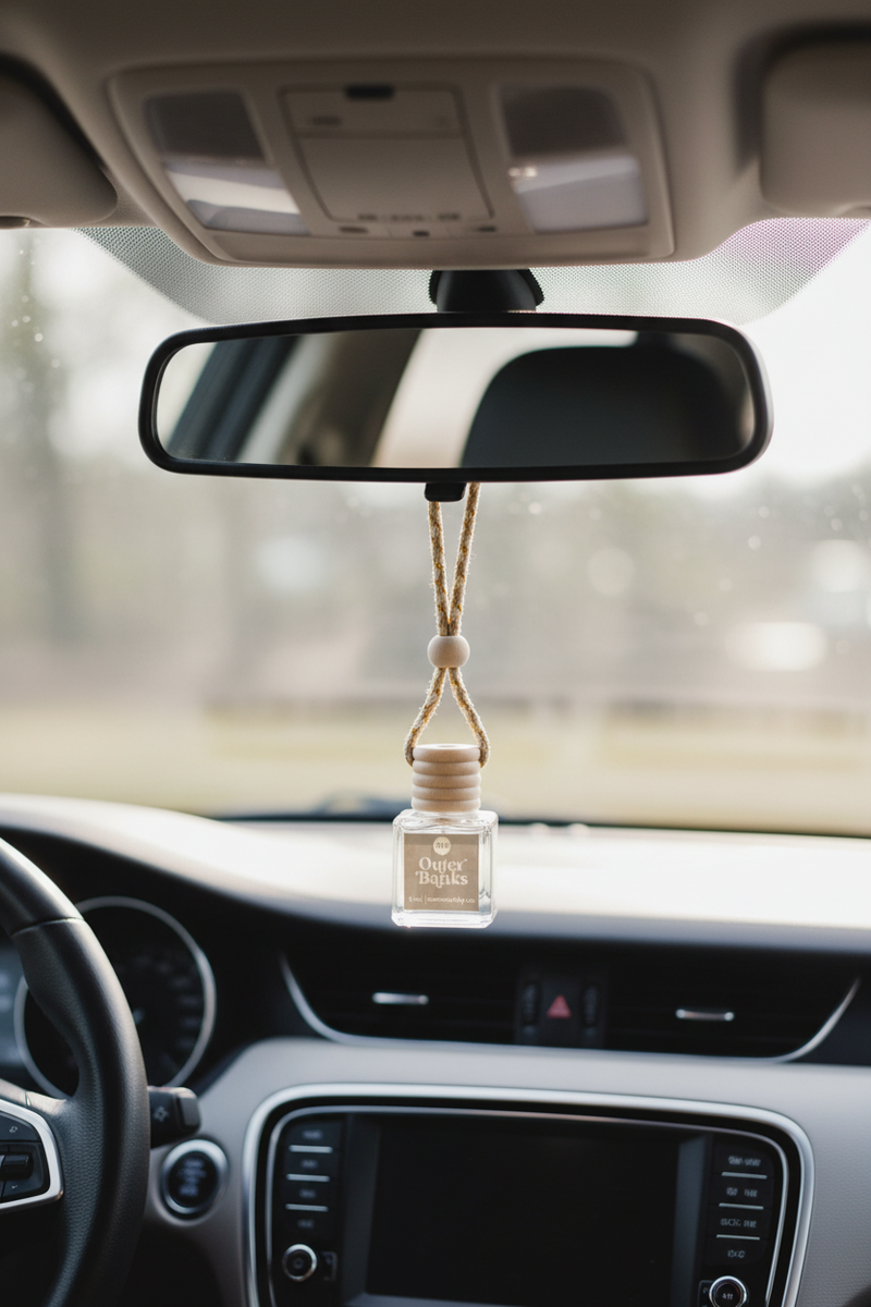 Car air freshener hanging from the rearview mirror inside a vehicle.