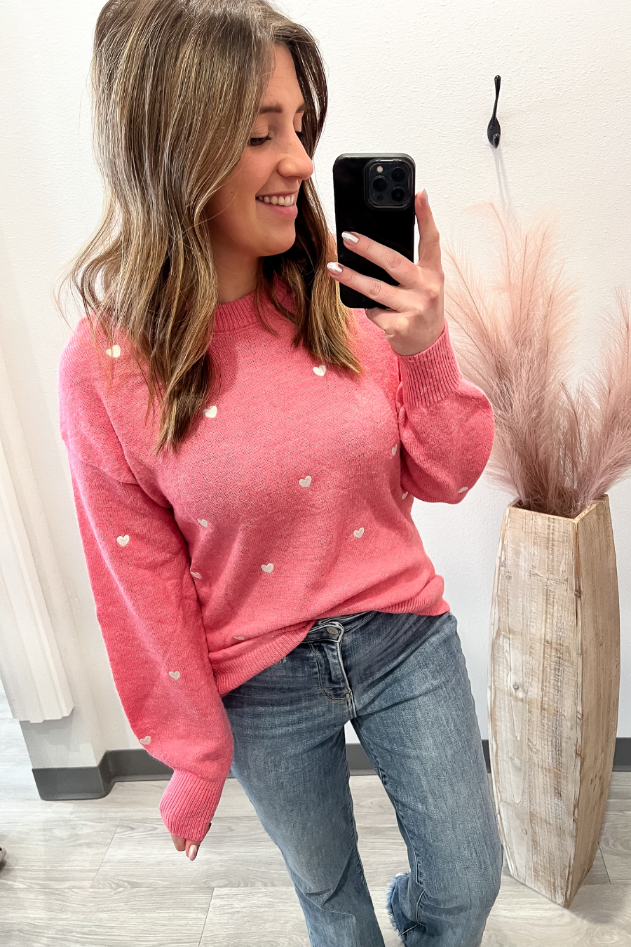 Heart Embroidered Pink Sweater