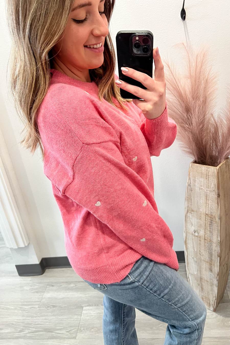 Heart Embroidered Pink Sweater