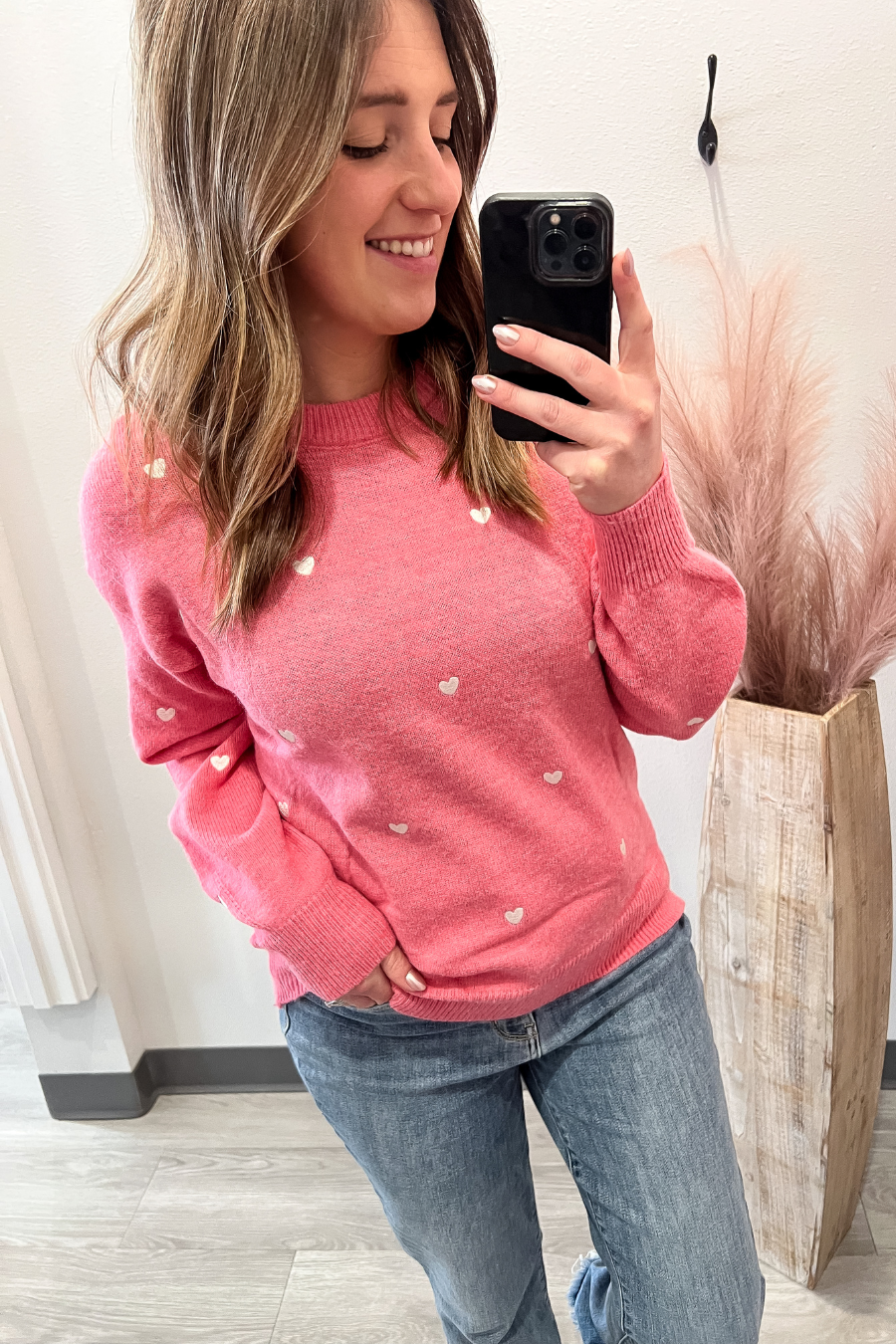 Heart Embroidered Pink Sweater