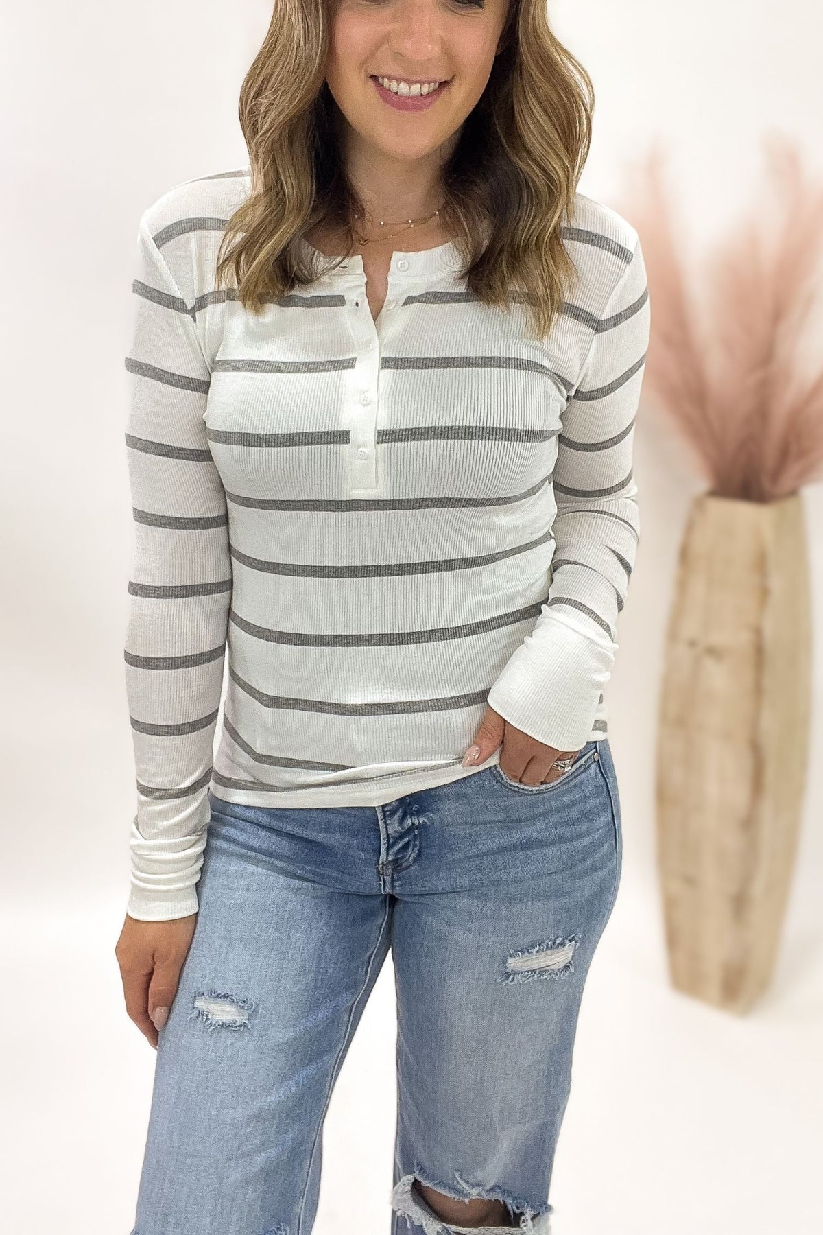Heather Grey Ribbed Striped Henley