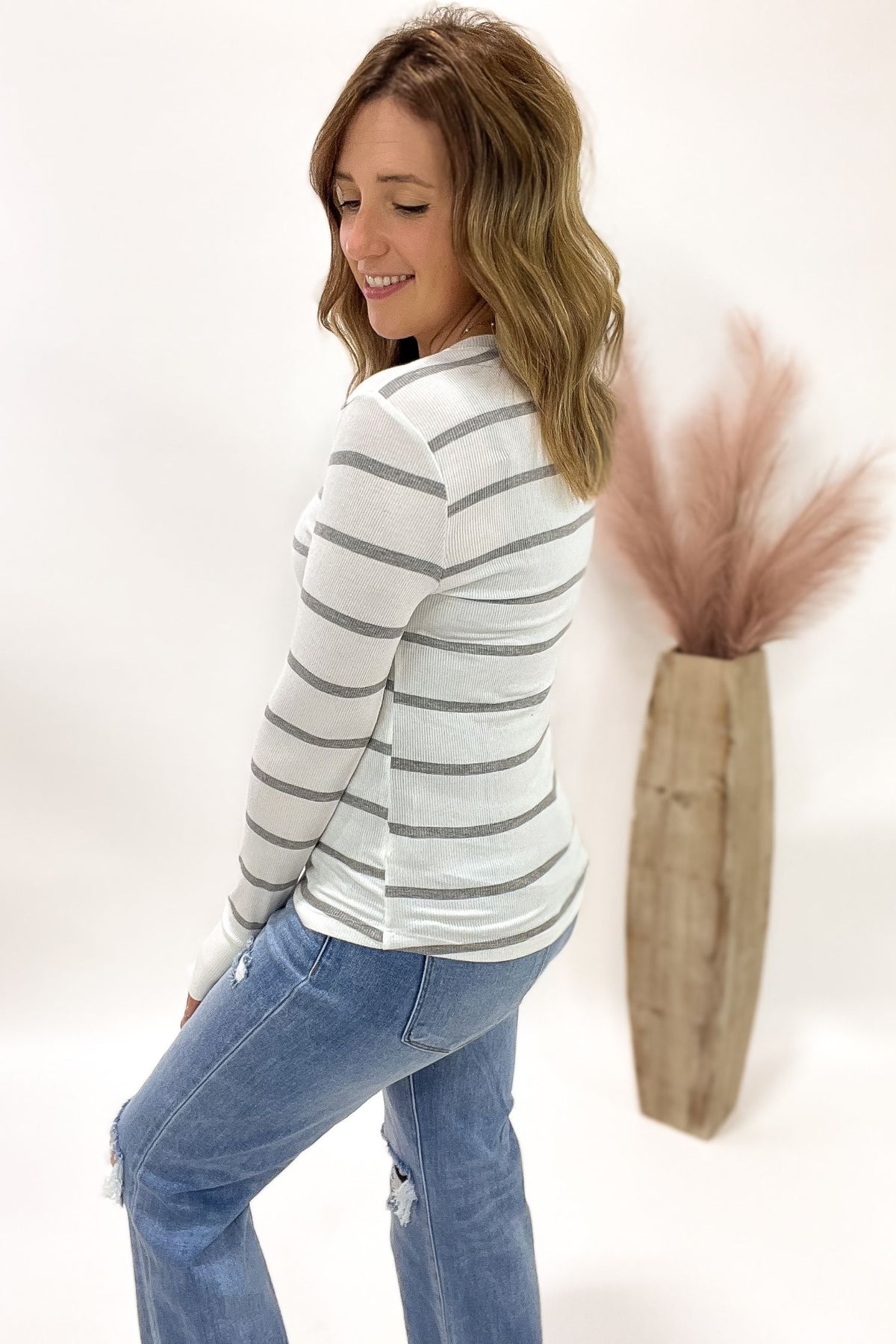 Heather Grey Ribbed Striped Henley