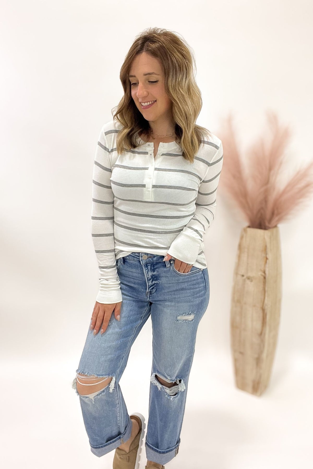Heather Grey Ribbed Striped Henley