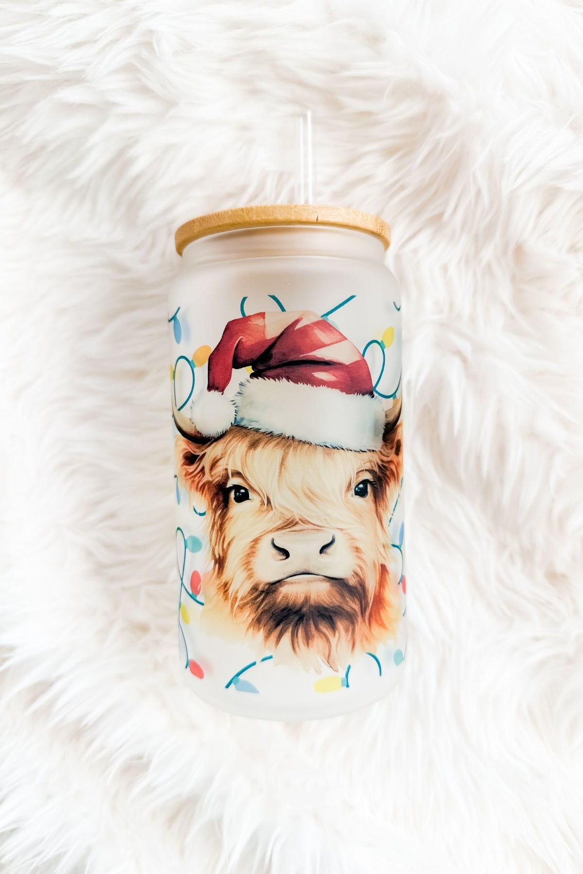 Highland Cow Christmas Lights 16oz Glass Tumbler