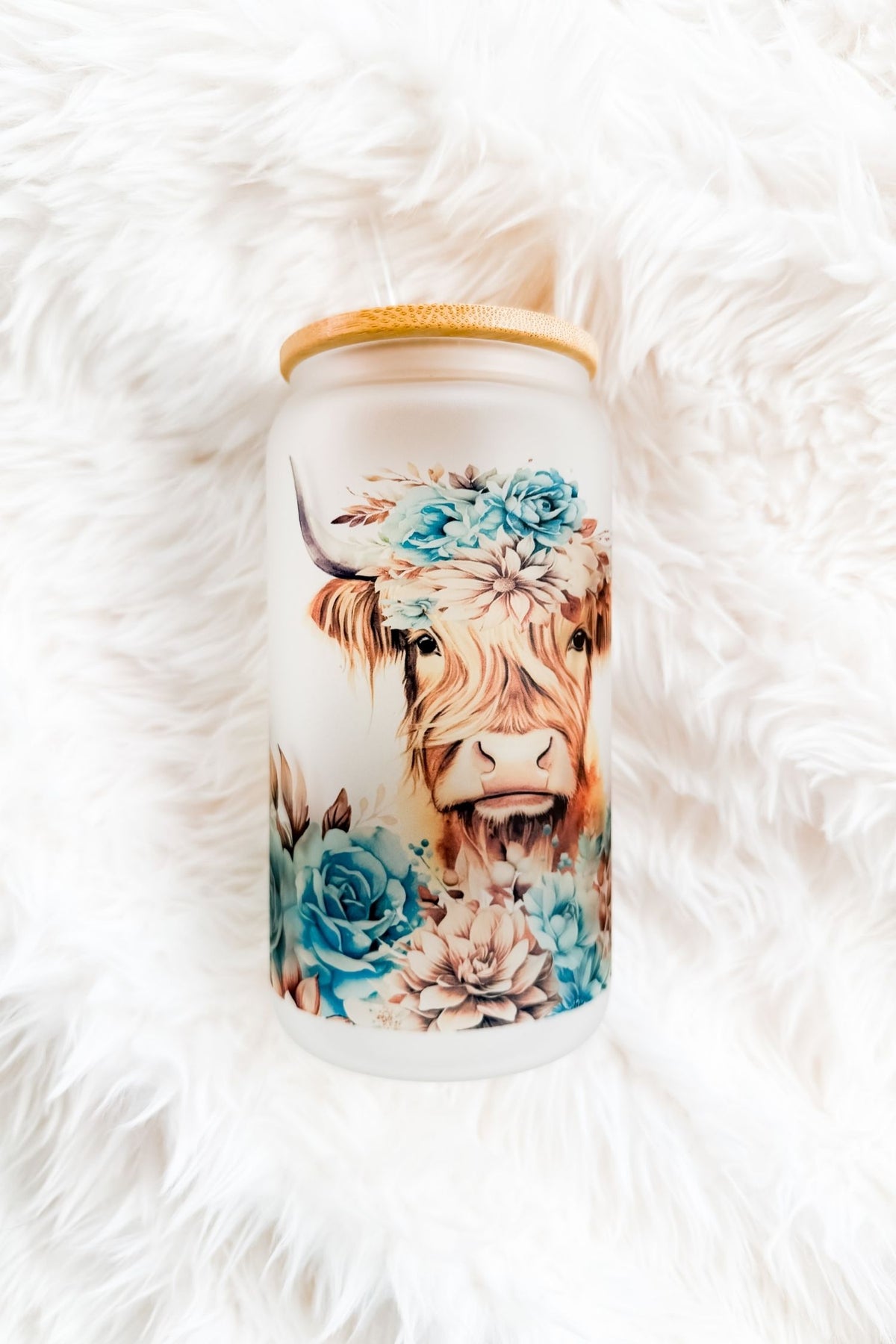Highland Cow Western Turquoise 16oz Glass Tumbler