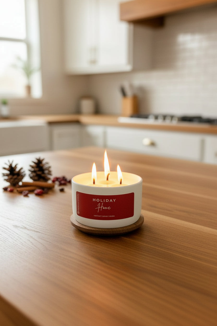 Candle with a red label on a wooden table in a kitchen