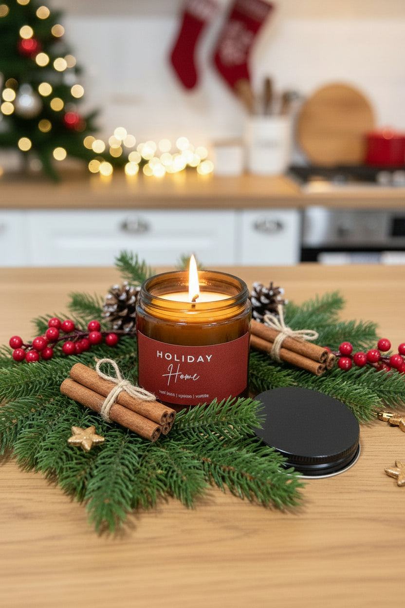 Candle in a jar with a red label on a wooden surface
