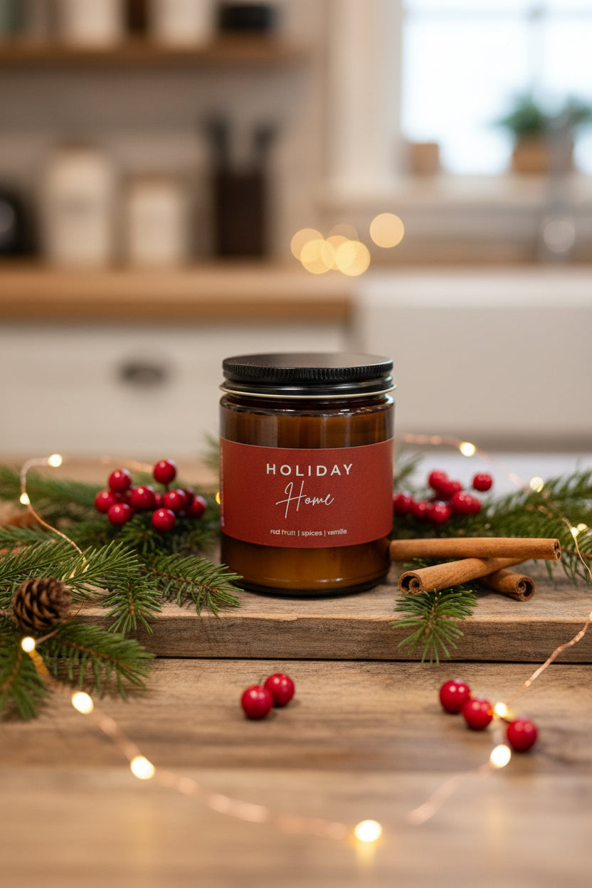 Jar of candle labeled 'Holiday Home' on a wooden surface