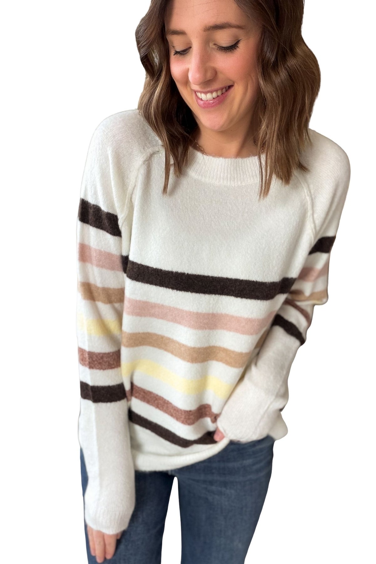 Ivory Multi Colored Striped Sweater
