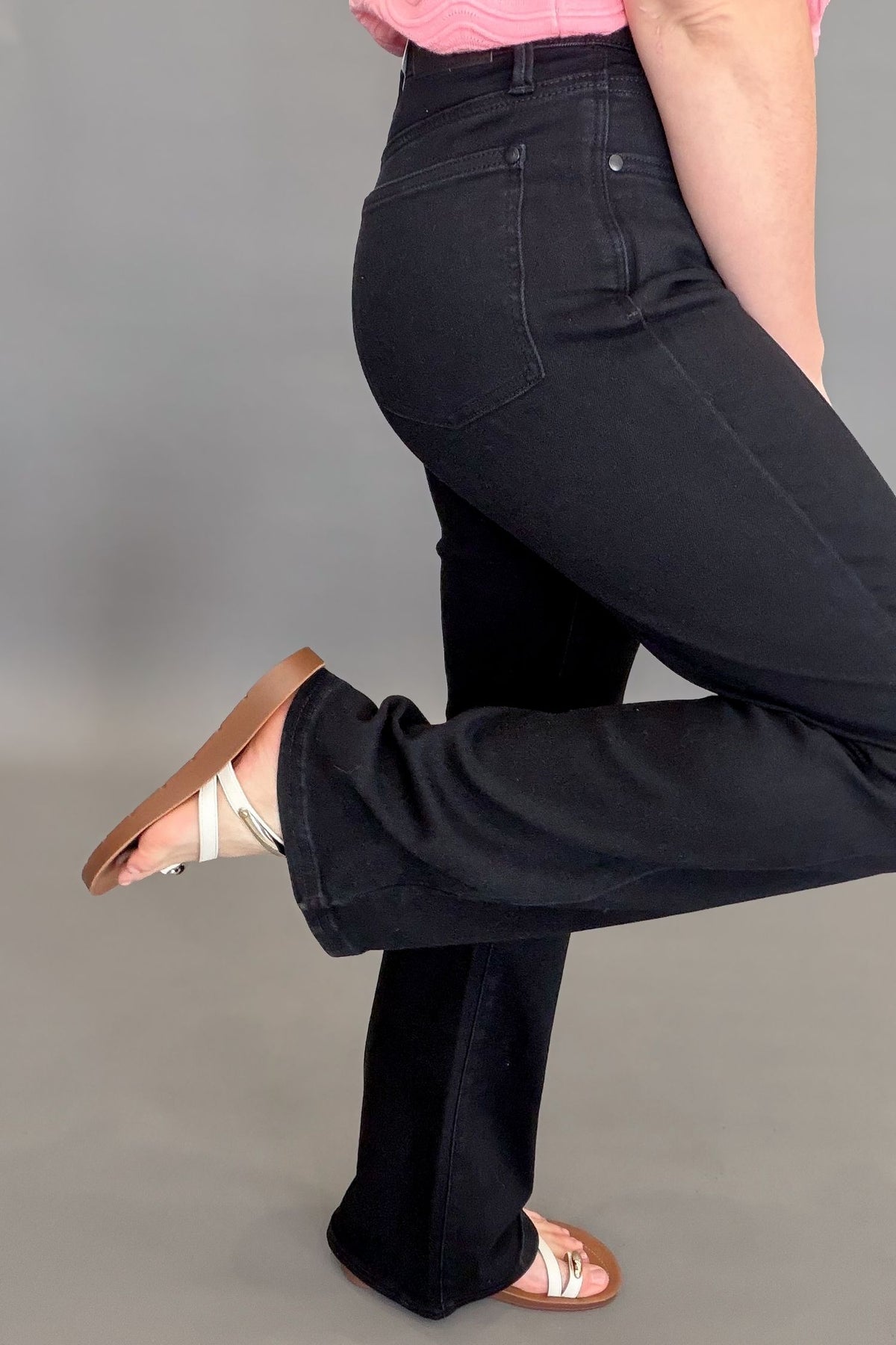 Judy Blue Brit high waist tummy control black bootcut jeans with stretchy comfortable fit showing the side details