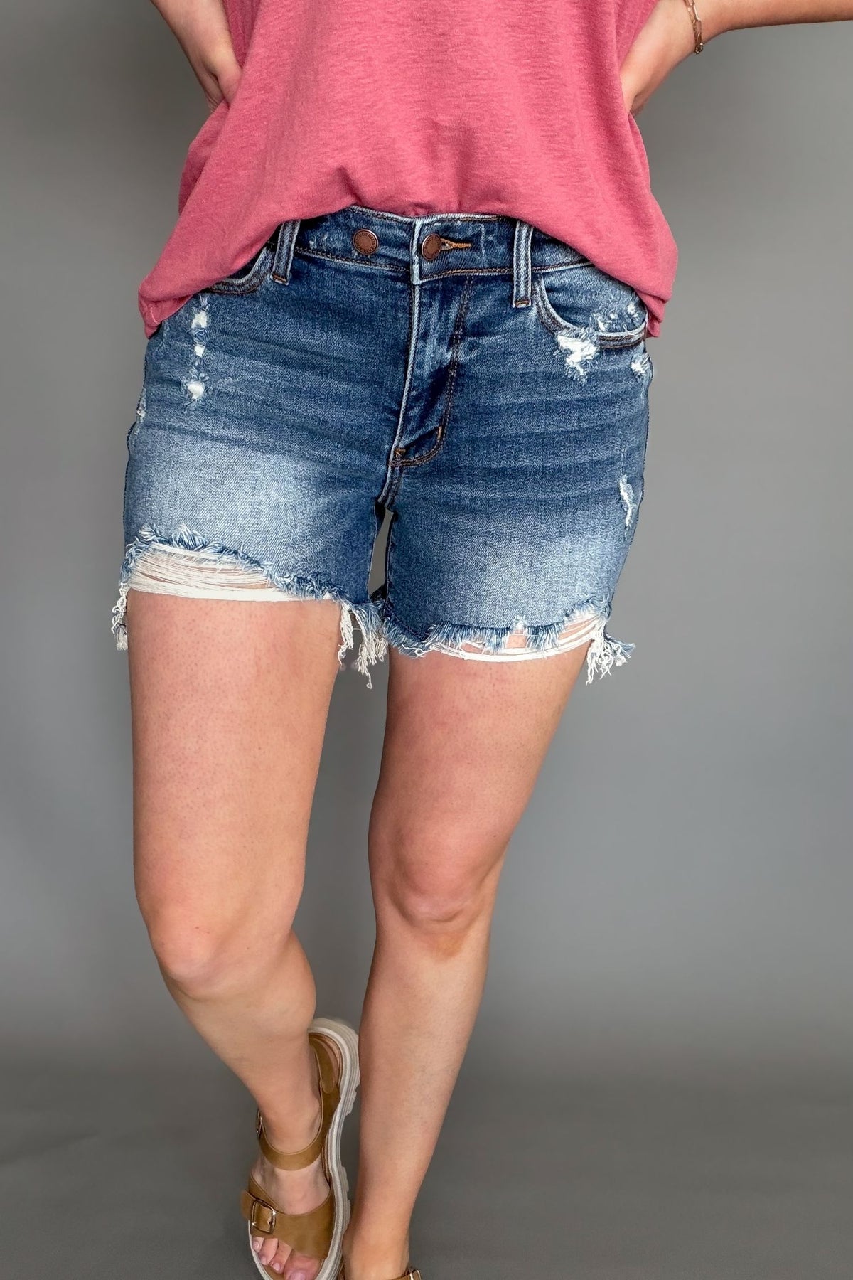 Judy Blue mid rise distressed dad shorts front view relaxed fit