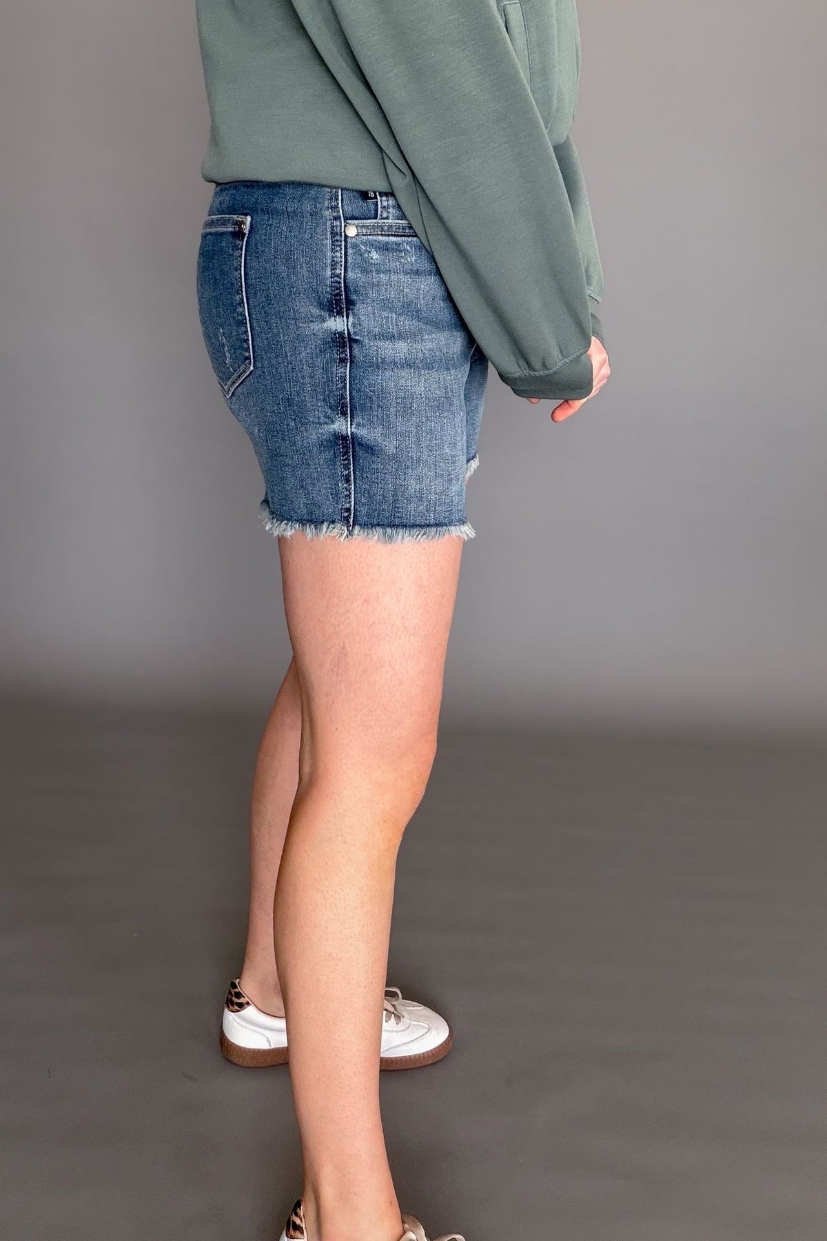 Women’s Judy Blue tummy control high waist denim shorts with frayed hem