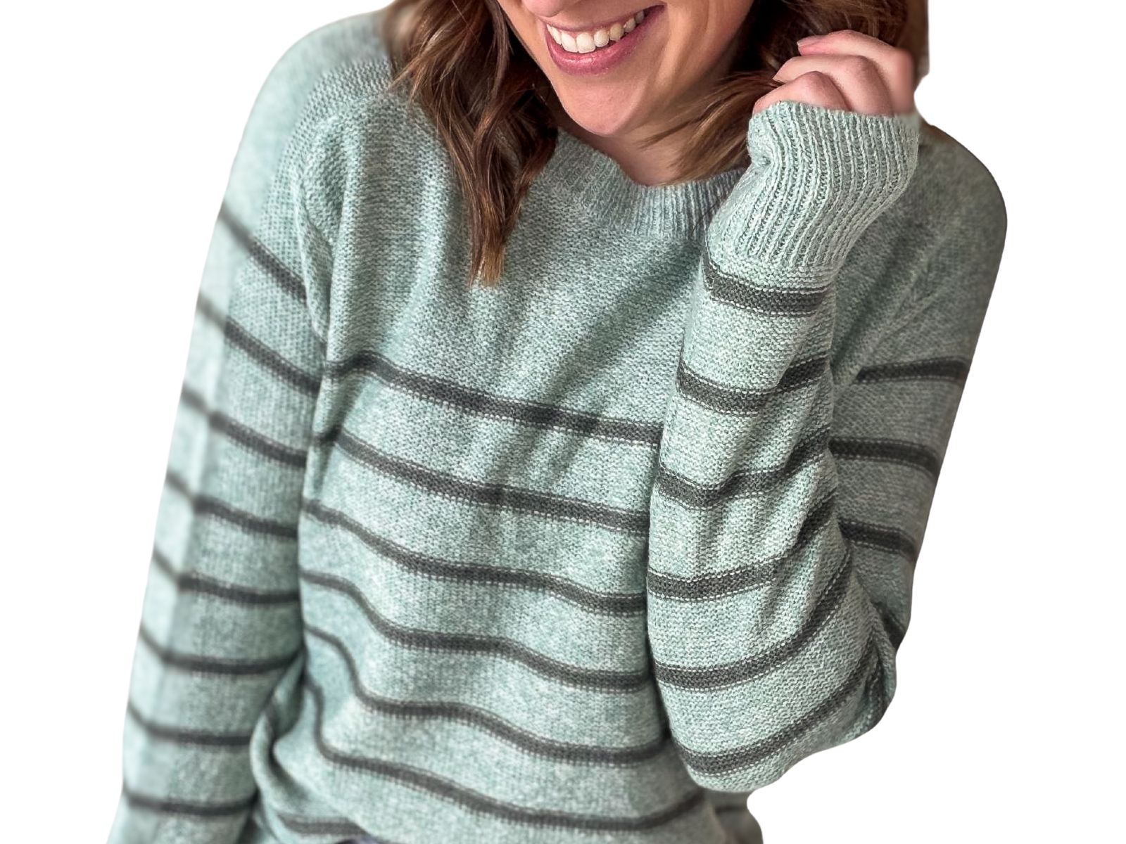 Person wearing a light green and gray striped sweater on a white background