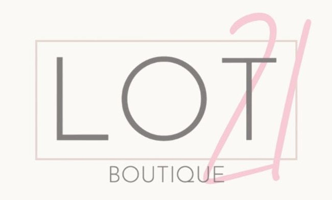 A minimalist logo graphic reading 'LOT BOUTIQUE' with a pink handwritten-style '21' over the word 'LOT', on a light cream background.