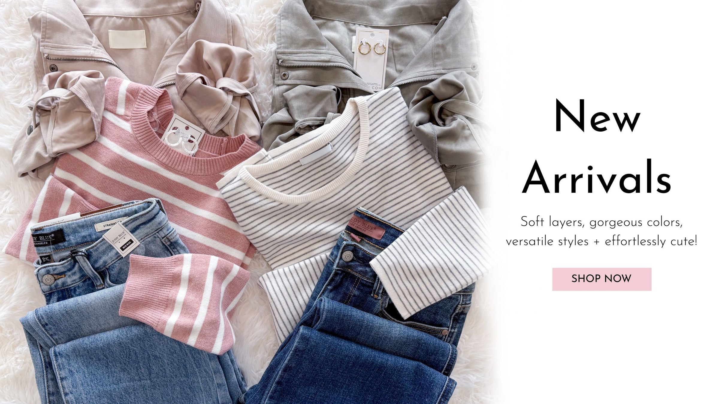 Collection of clothing including shirts, jeans, and sweaters with 'New Arrivals' text on a light background.