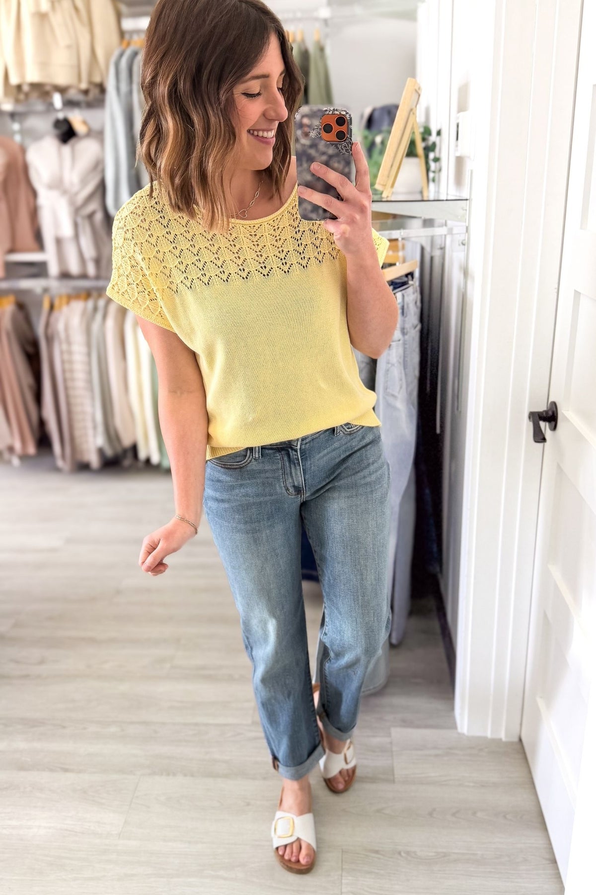 Lightweight yellow knit top with crochet neckline detail