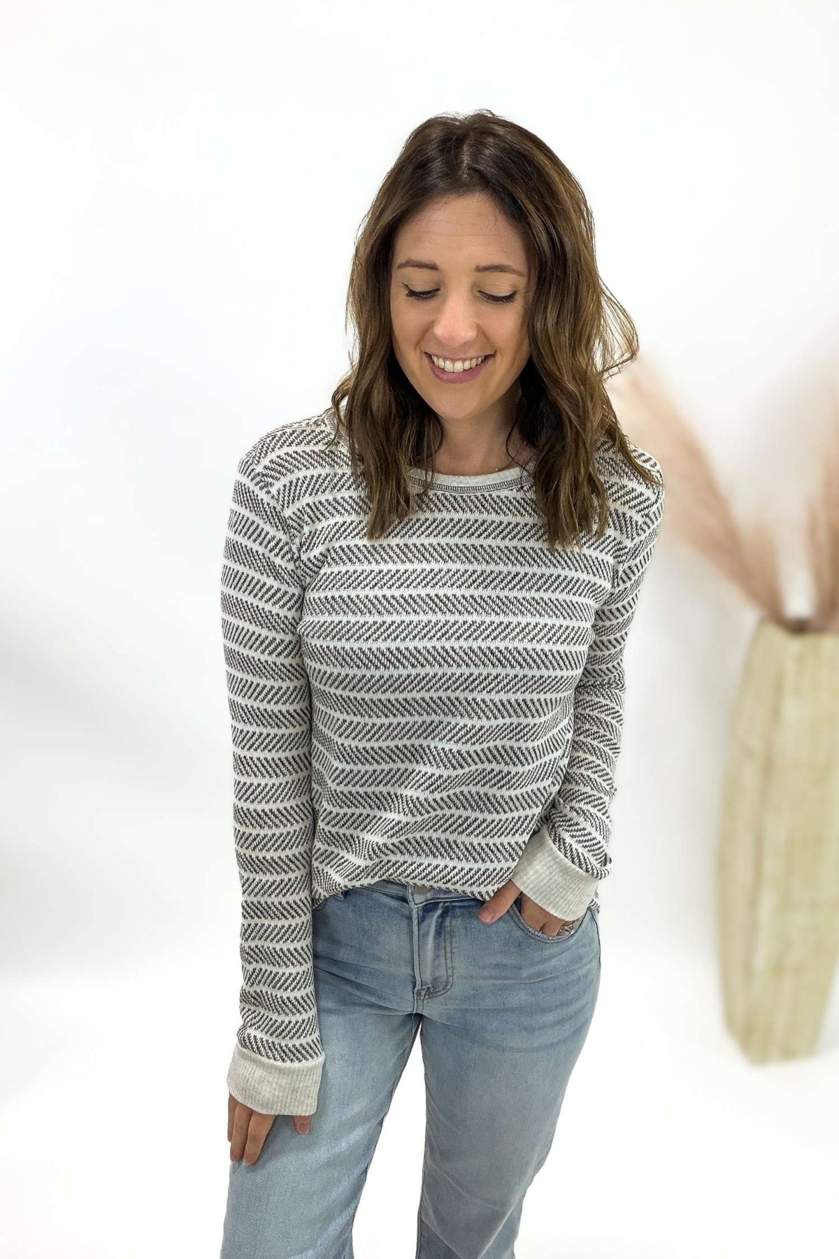 Light Grey Textured Stripe Pullover