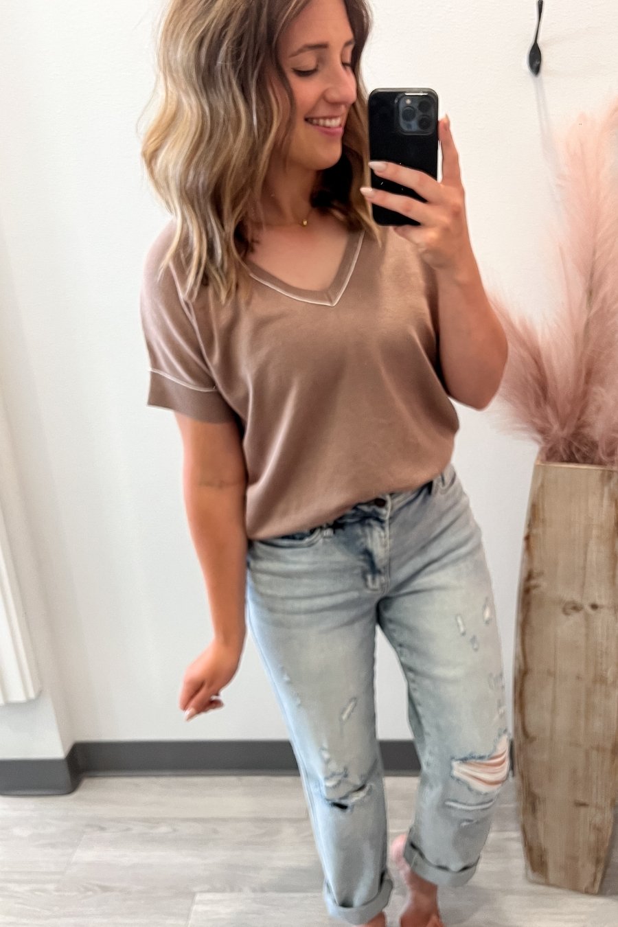 Light Mocha Contrast Stitch Tee