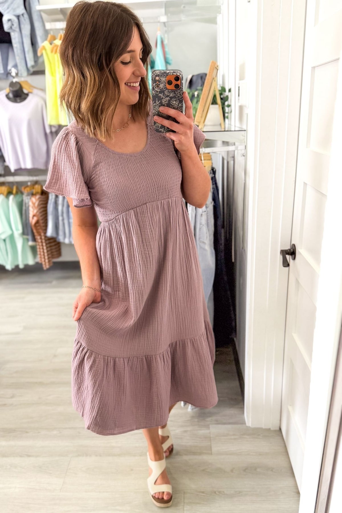 Lilac smocked midi dress tiered skirt gauze fabric