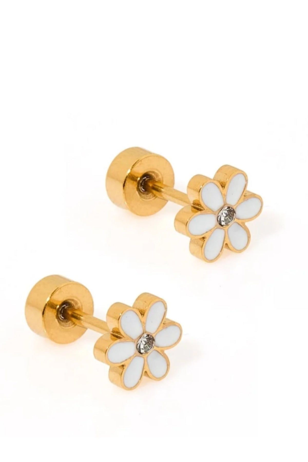 Gold flower earrings with white petals on a white background