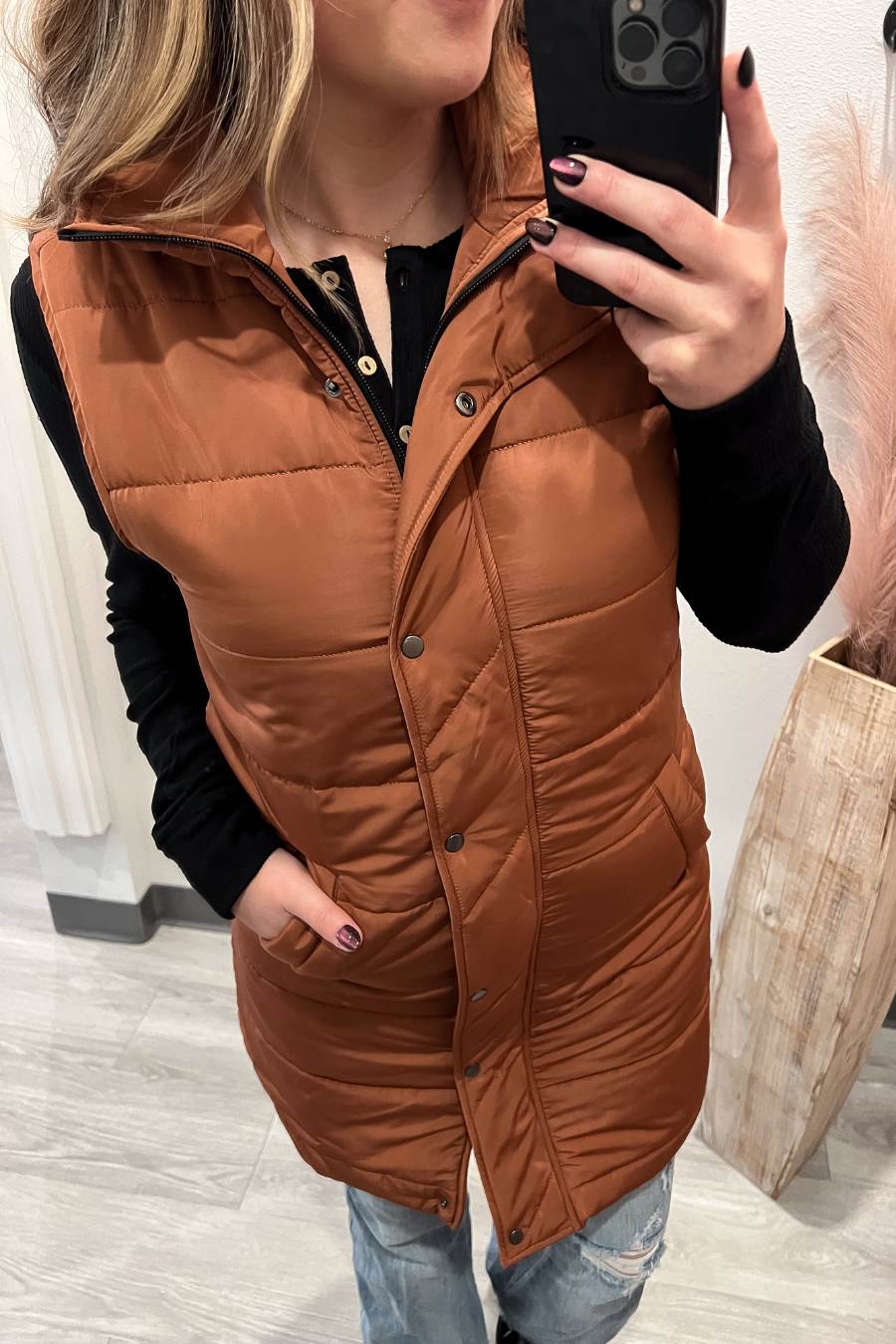 Long Vest With Pockets- Cinnamon