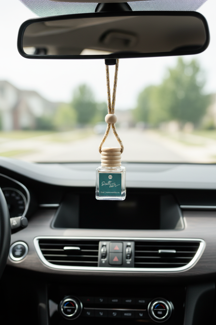 Car air freshener hanging from a mirror in a car's interior.