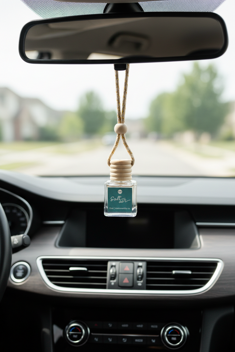 Car air freshener hanging from a mirror in a car's interior.