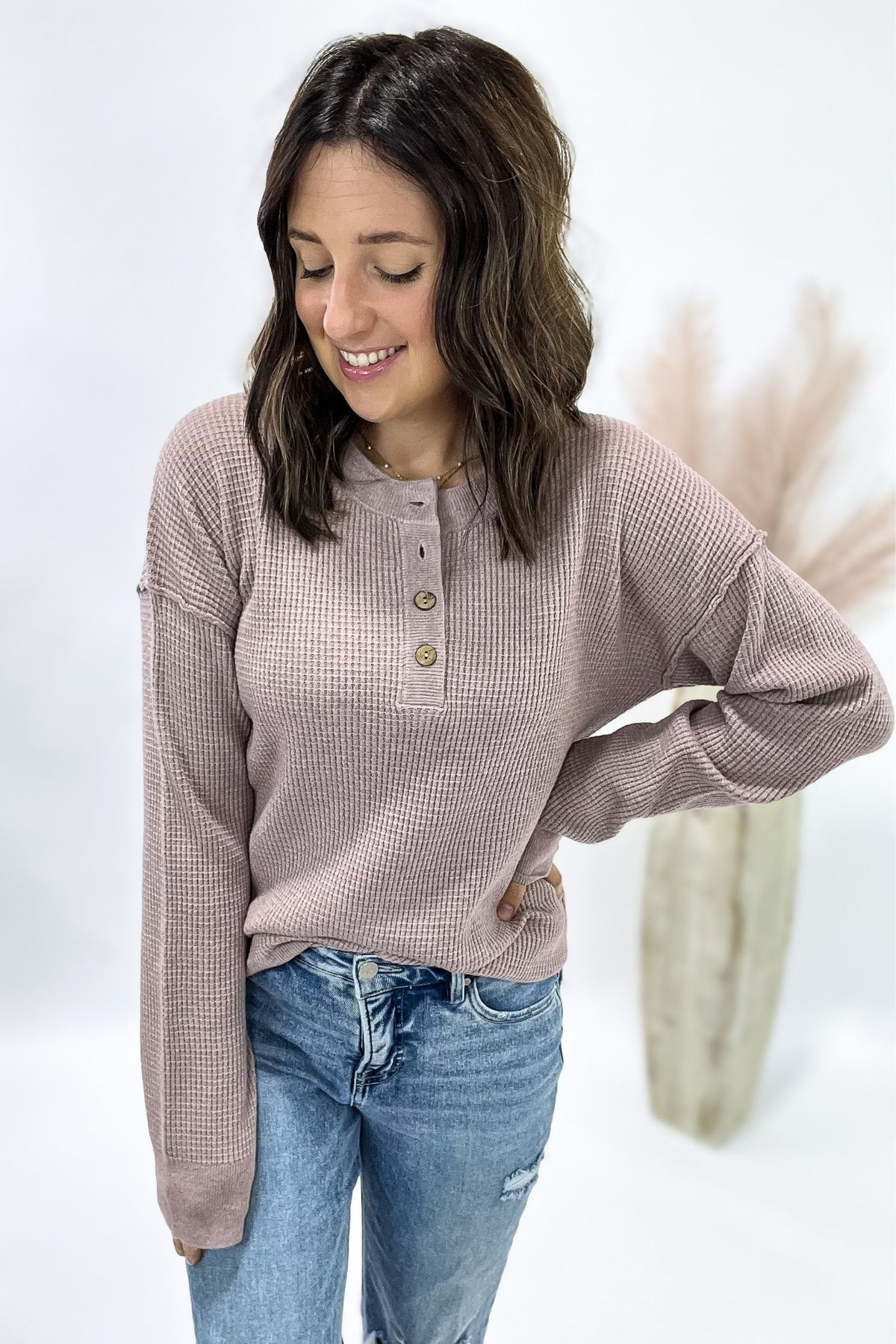 Mauve Waffle Knit Henley Sweater