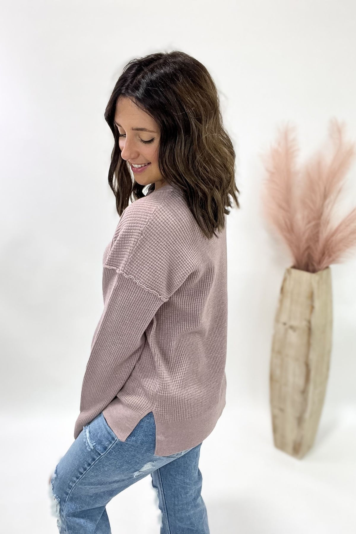 Mauve Waffle Knit Henley Sweater