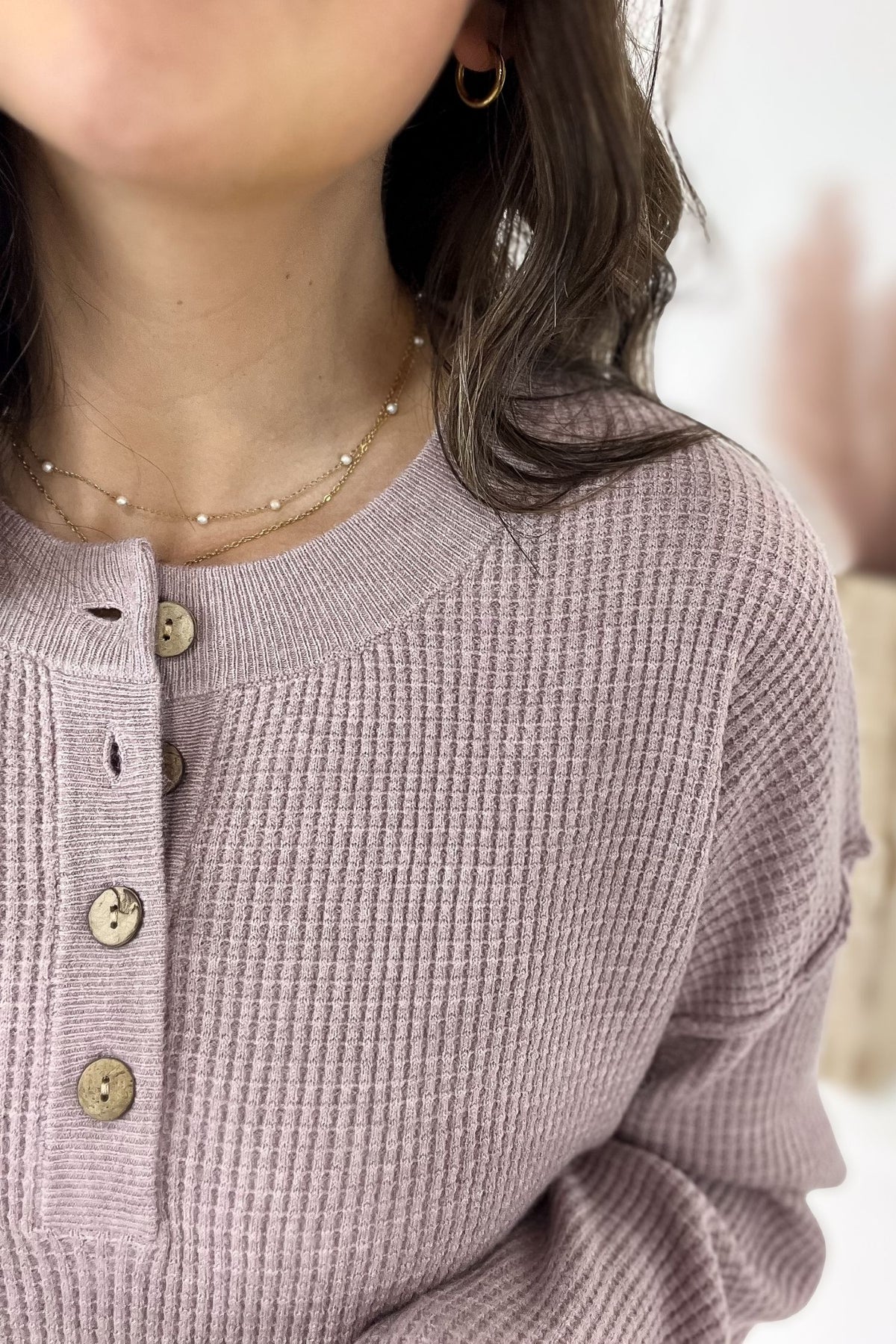 Mauve Waffle Knit Henley Sweater