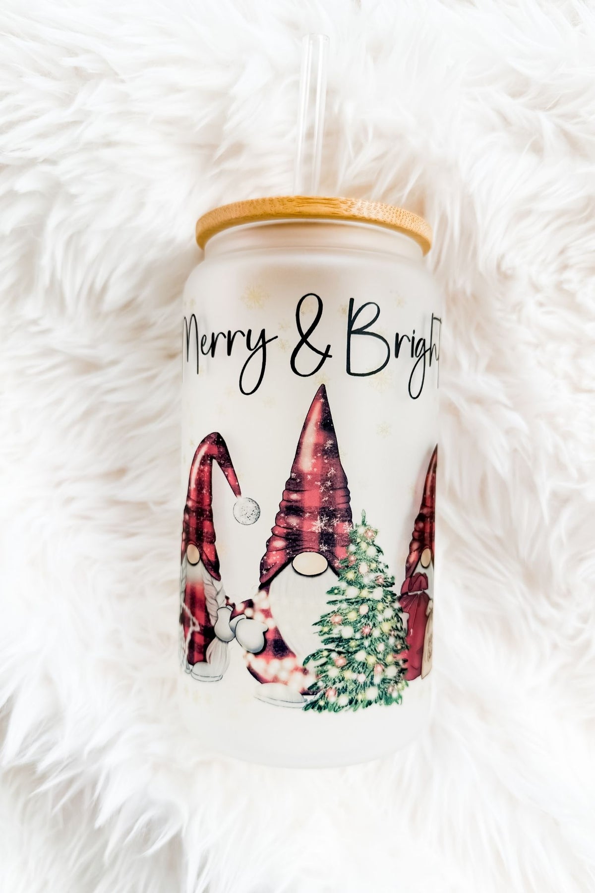 Merry & Bright Gnomes 16oz Glass Tumbler