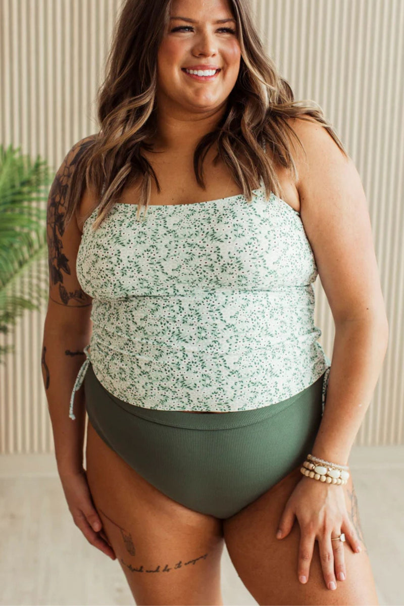 Mint floral ruched tankini swim top with adjustable sides and straps.