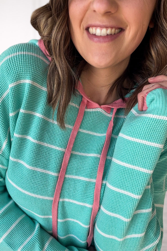 Mint Striped Mini Waffle Pullover