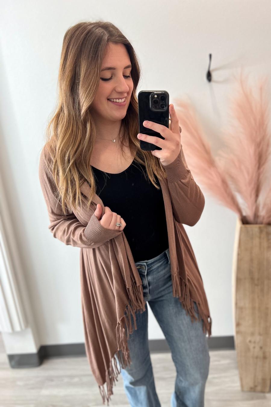 $9.99 FINAL SALE Mocha Fringe Wrap Cardigan