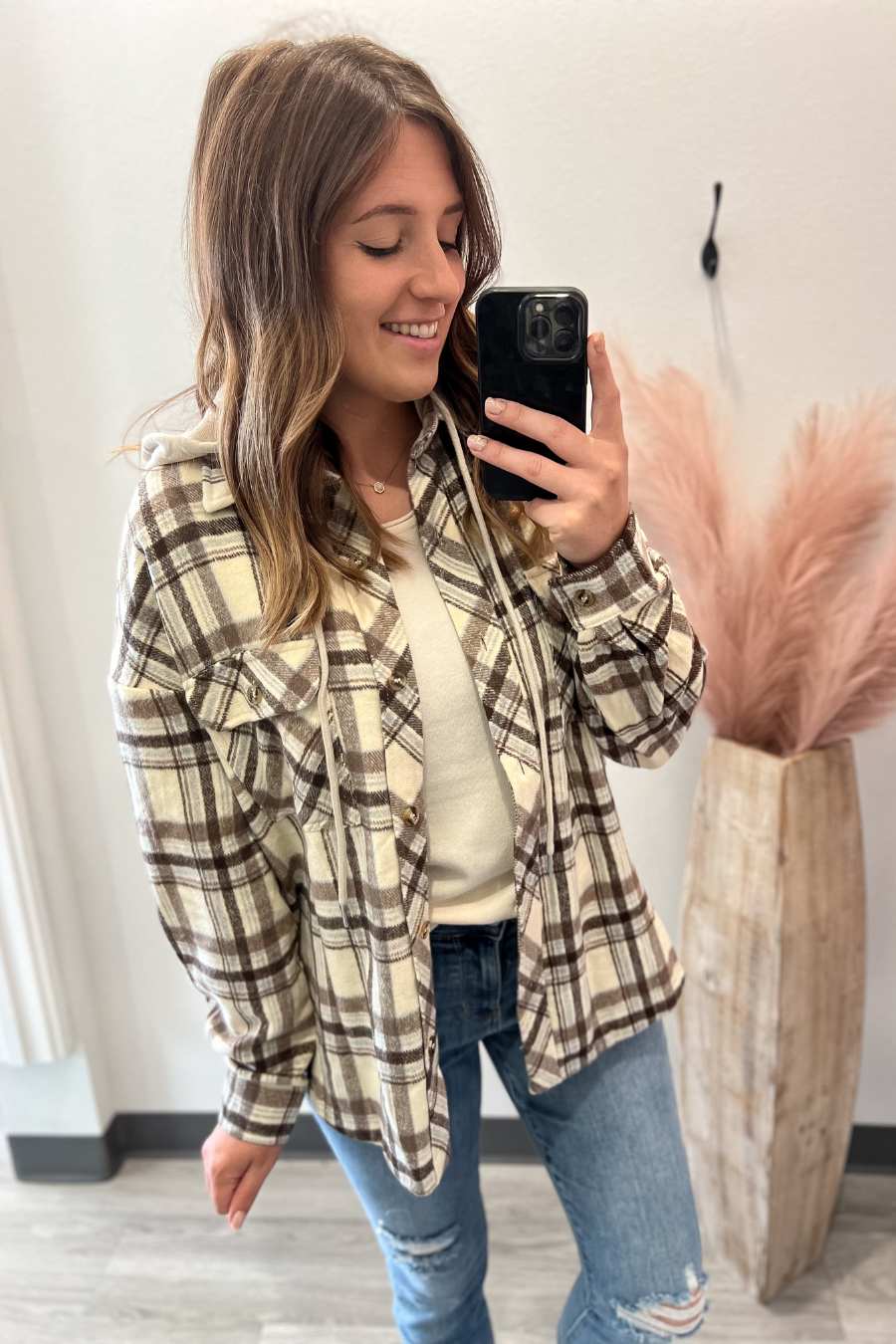 Mocha Plaid Hoodie Shacket