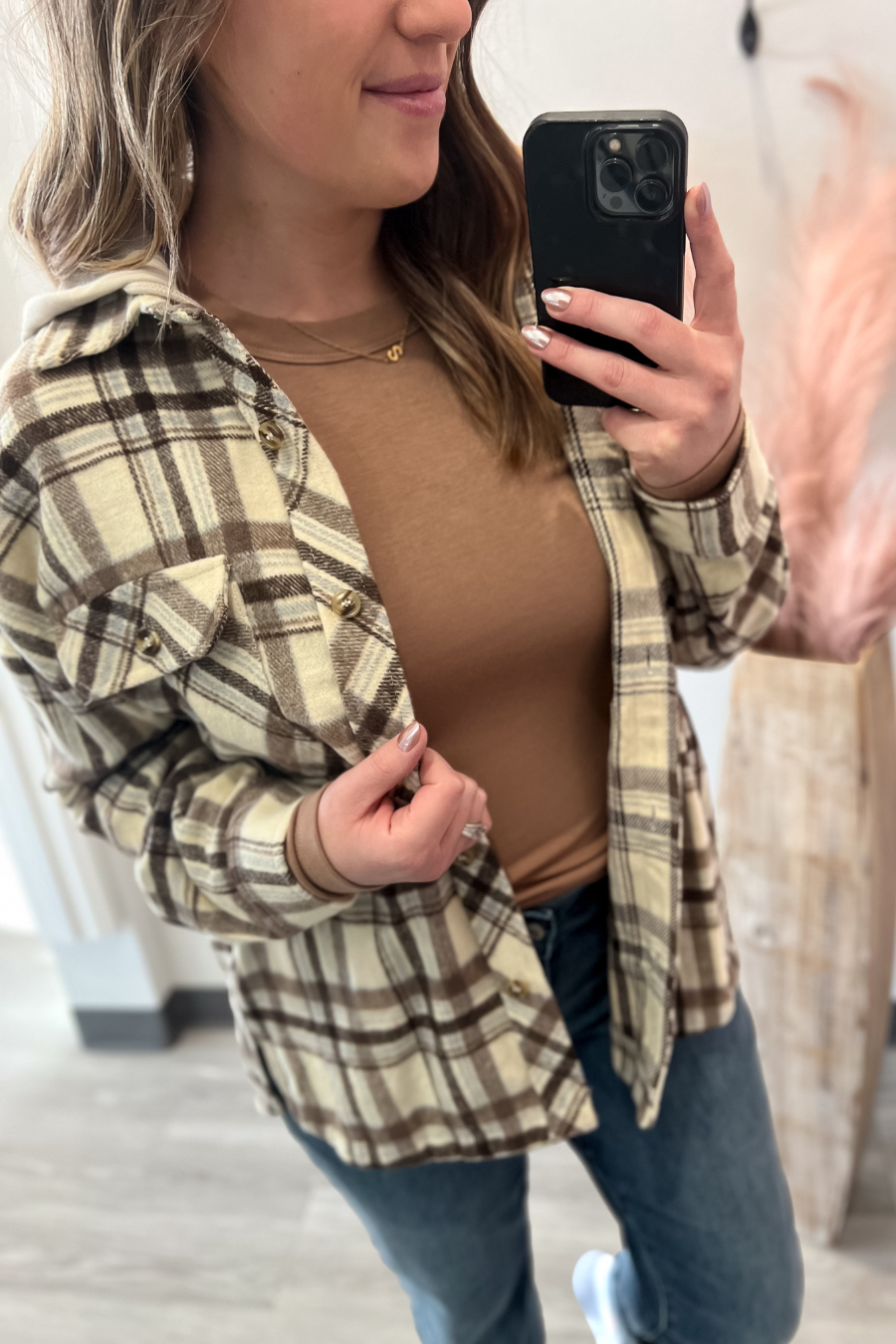 Mocha Plaid Hoodie Shacket