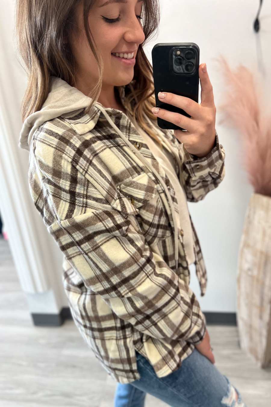 Mocha Plaid Hoodie Shacket