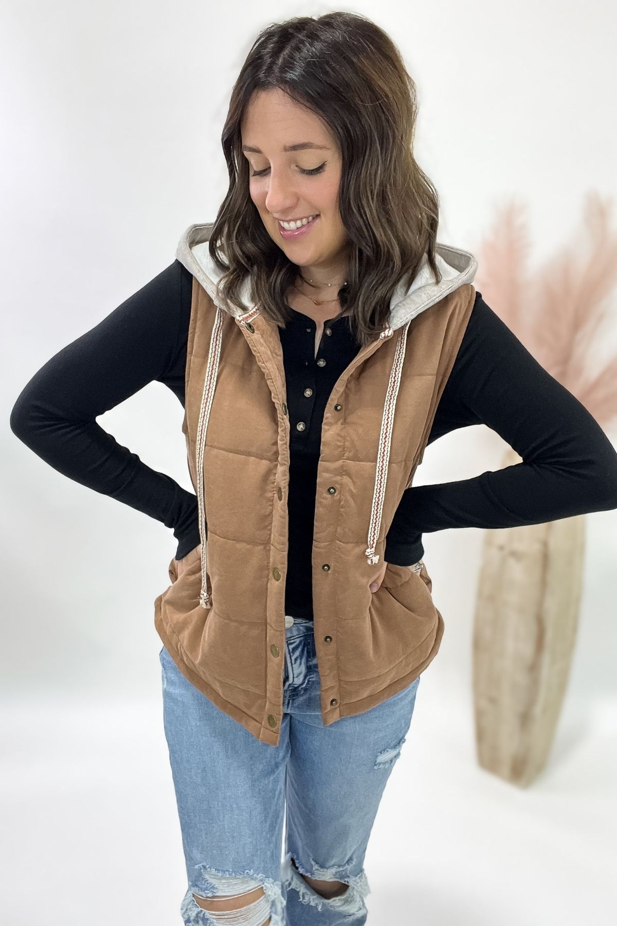 Mocha Puffer Vest With Hoodie