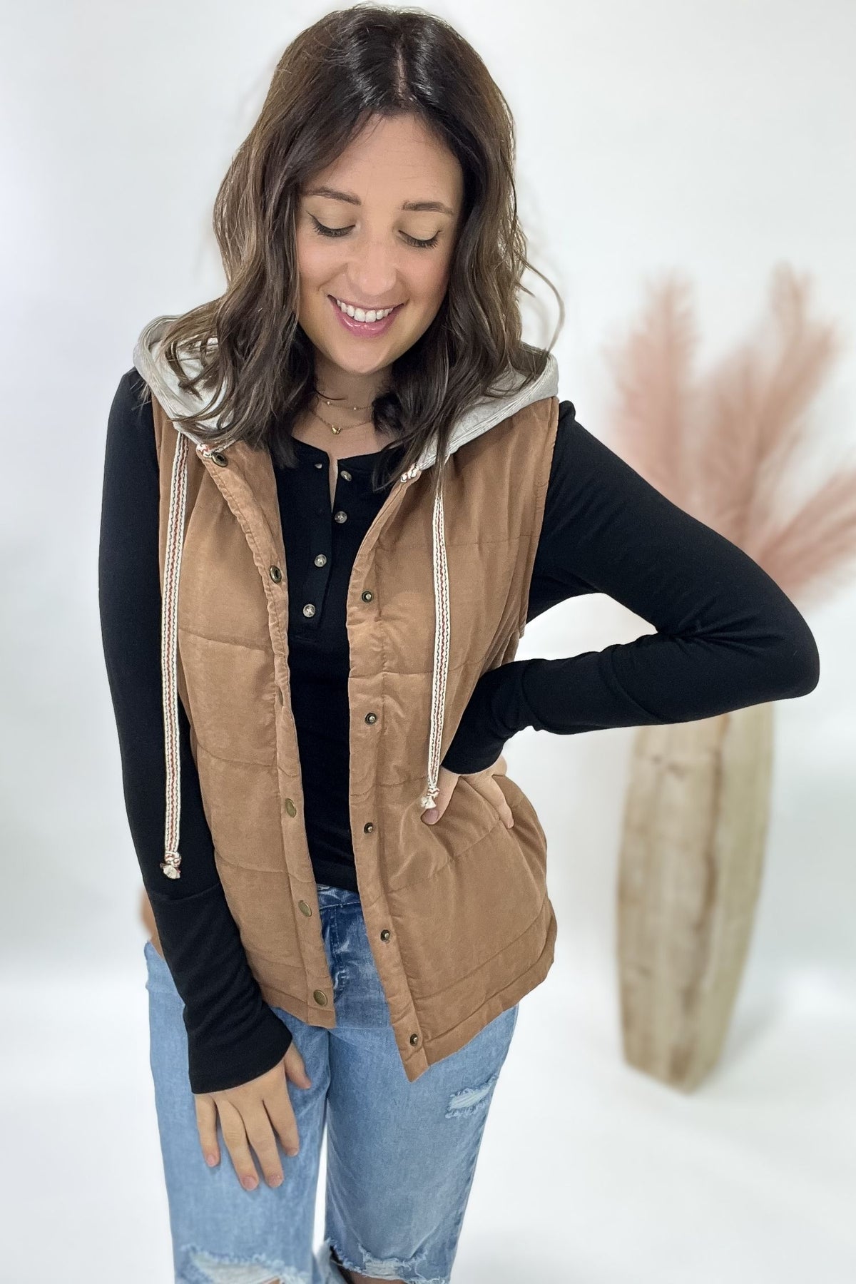 Mocha Puffer Vest With Hoodie